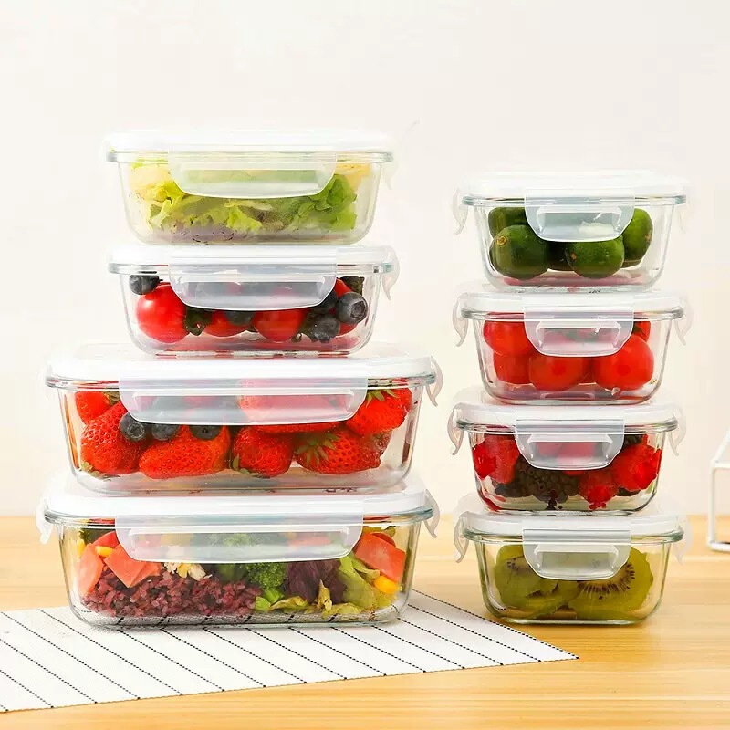 Large-capacity glass lunch box, suitable for office workers, microwave-safe, with lid, and a set that includes a refrigerator-safe, airtight food container for keeping food fresh