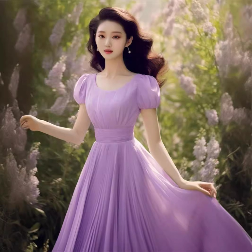 Váy suông nữ midi dáng quả lê màu tím — Màu tím