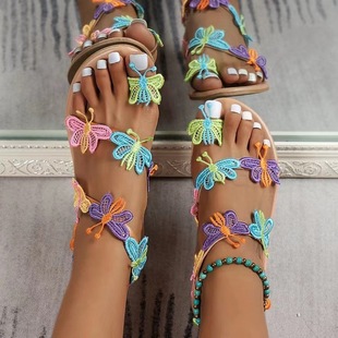 Large Size Women's Sandals Women's Summer New European and American Beach Sandals Flat Butterfly Flower Toe Sandals Women's Foreign Trade