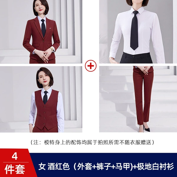Burgundy jacket, trousers, vest, shirt