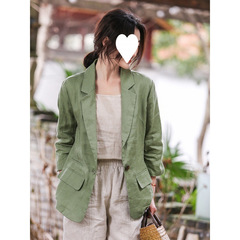 文学レトロリネンブレザー女性の薄い七分袖春と夏の新しい綿とリネンのカジュアルスーツトップ