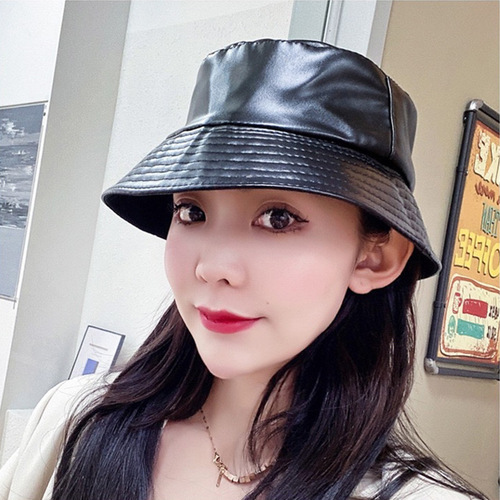 PU leather fisherman hats for girls, suitable for spring and autumn, British trend, niche items, retro fashionable, versatile, leather hats, octagonal beanie hats