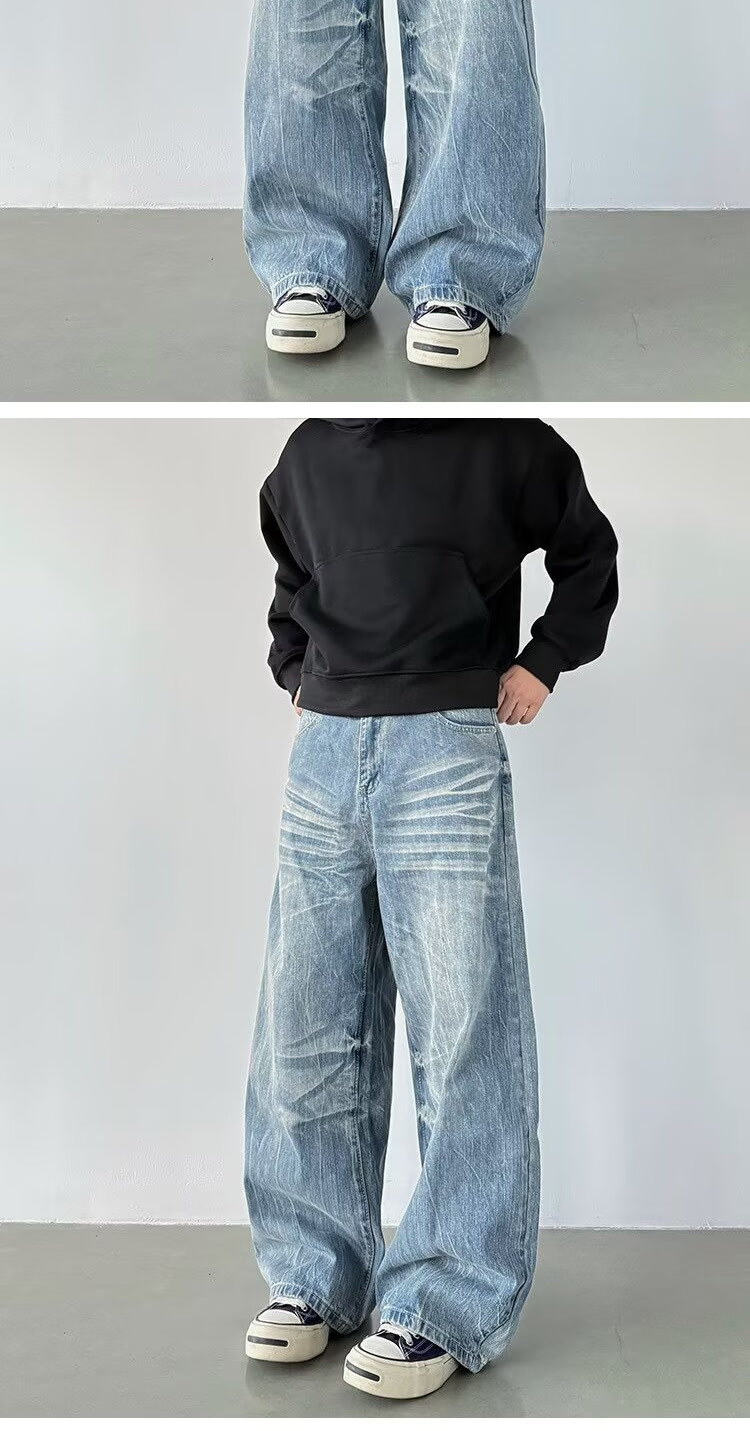Men's Streetwear Jeans - Relaxed Fit With Lightning Bolt & Whisker Washes For Urban Casual Style_mkmklike.com