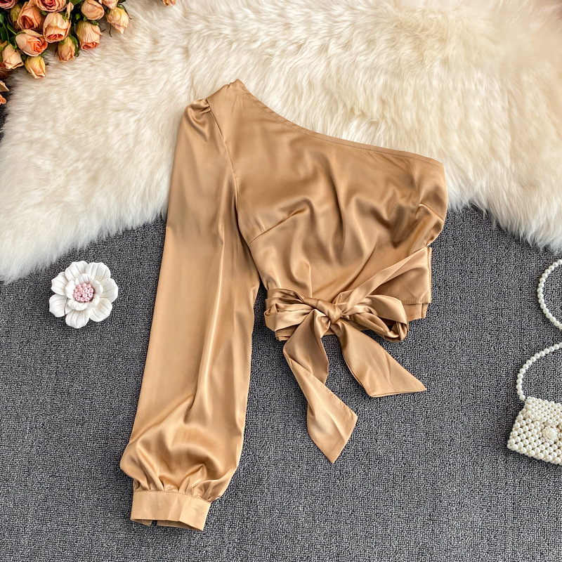 Spring And Autumn New Korean Version Of Acetic Satin Unilateral Off-shoulder Long-sleeved Shirt Women's Fashion Bow Tie Short Top