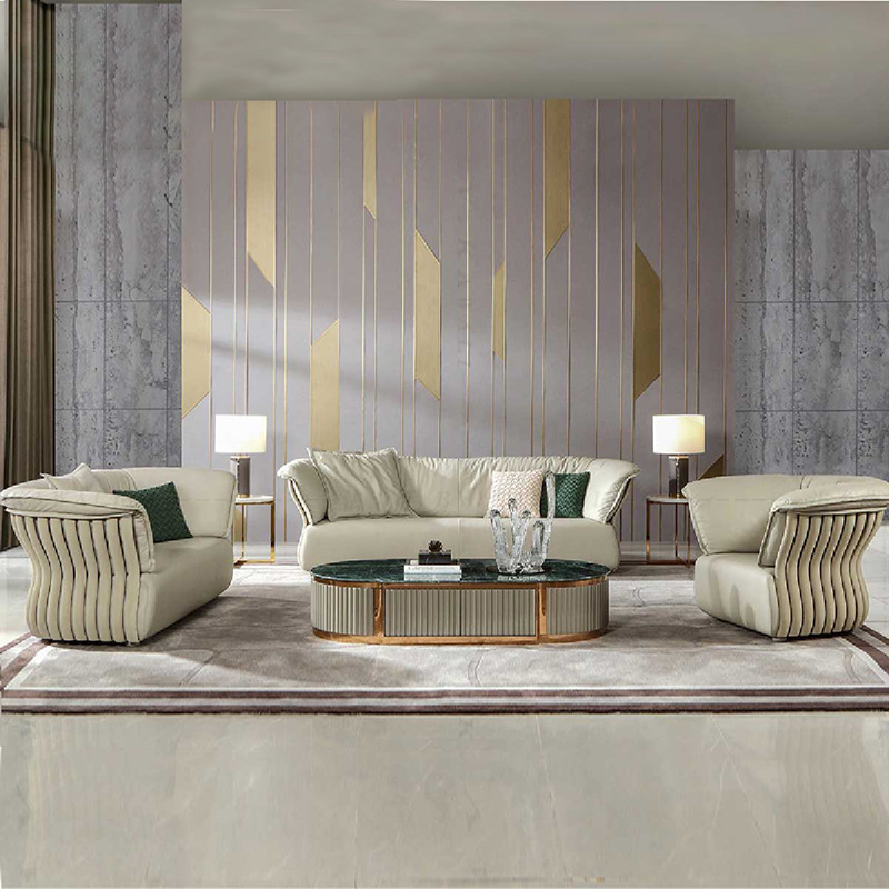 Modern Italian-style living room satin leather sofa, luxury villa model room large flat three-seater sofa