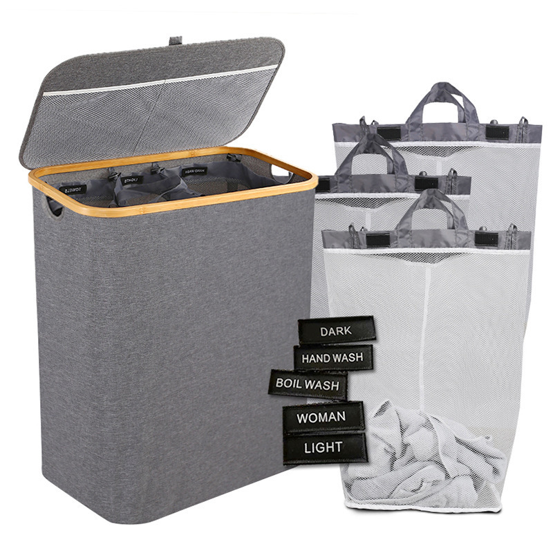 Cesta de ropa sucia transfronteriza con bolsillo interior con cubierta de bambú y madera plegable Cesta de almacenamiento de ropa sucia Cesta de ropa sucia