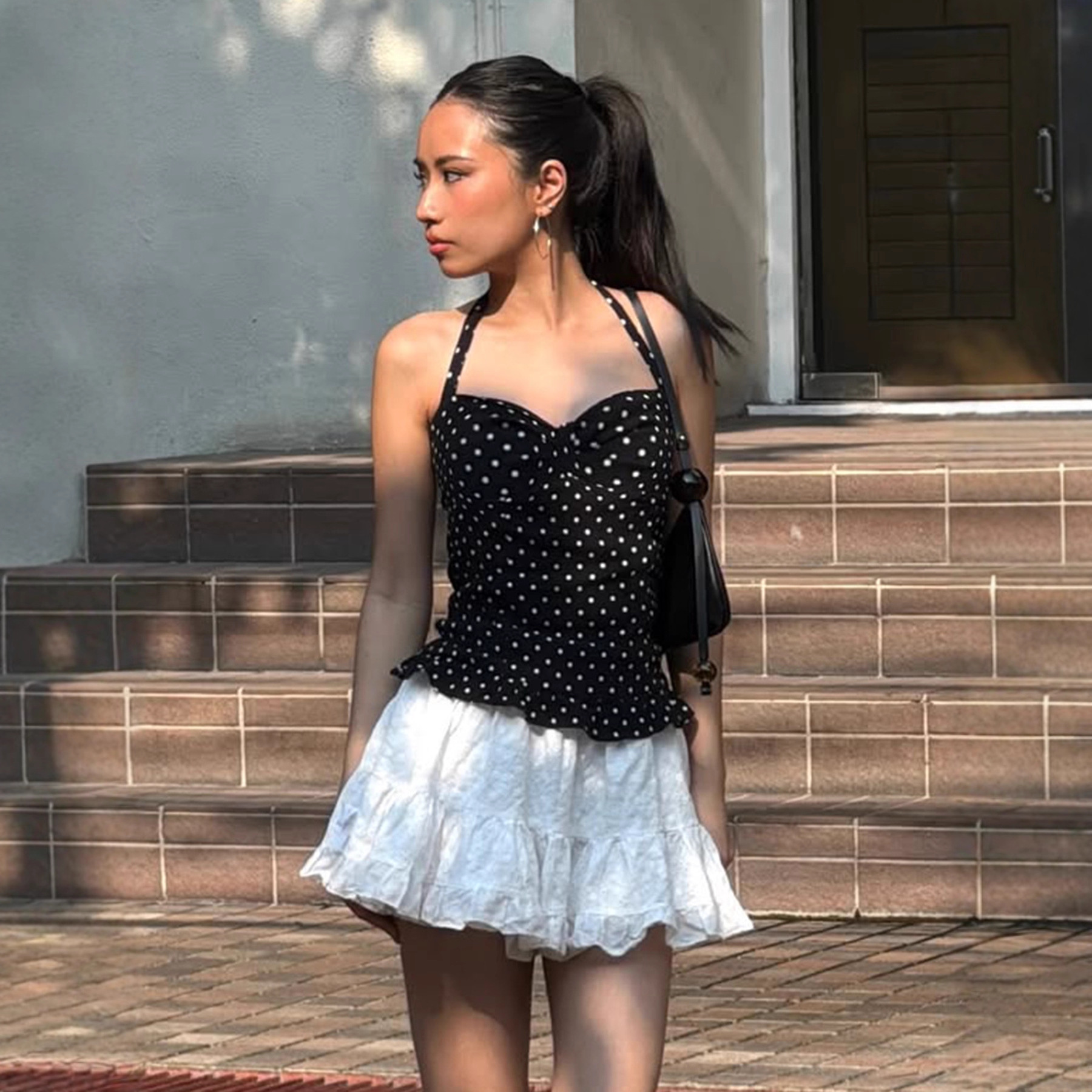 Women's Clothing Women's French Polka Dot Print Bustier Top Halter Neck Tie Vest Pure Sexy Princess Style Waist Cinching_ecoleips.com