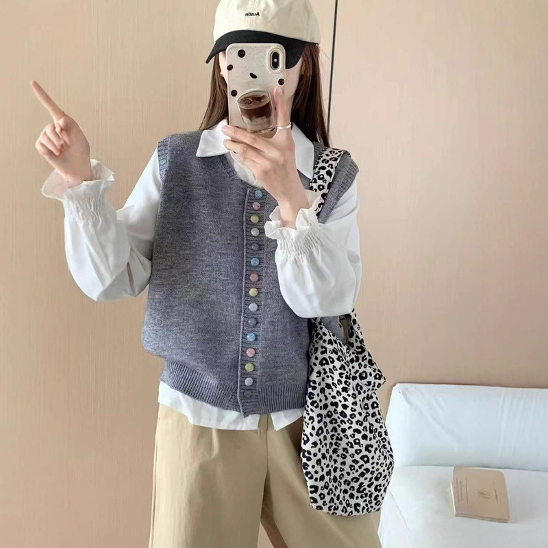 针织马甲开衫女2025春秋新无袖坎肩宽松外搭彩色扣子开衫马夹外套|undefined