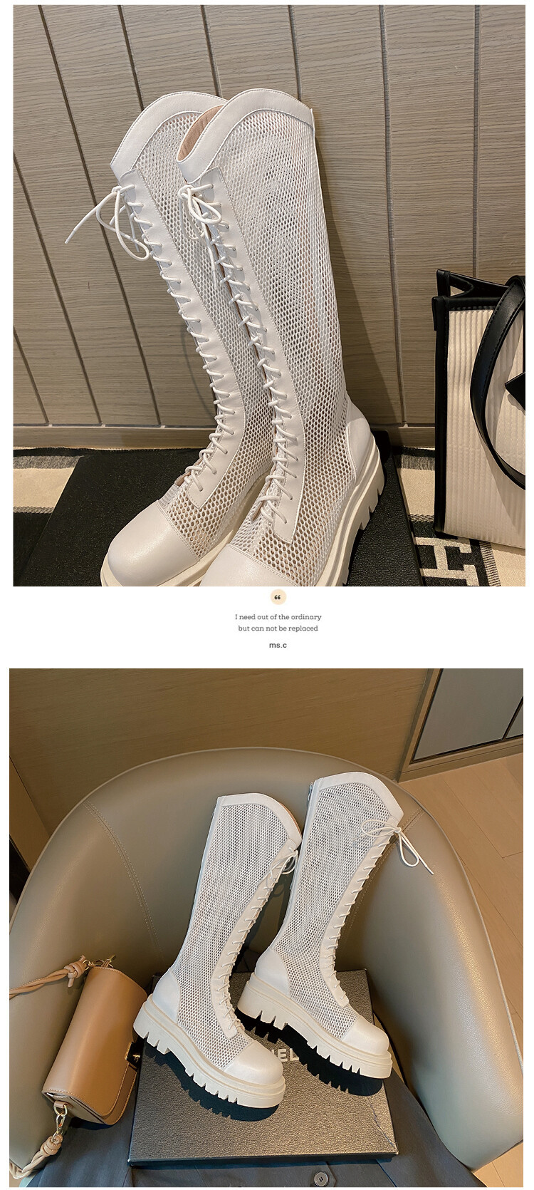 Boot lưới da thật cổ cao đế dày thoáng khí mùa xuân hè phong cách kỵ sĩ buộc dây — Màu nâu ống lớn, Màu đen cổ ống lớn, Ống nhỏ màu đen, Ống nhỏ màu be chi tiết 63