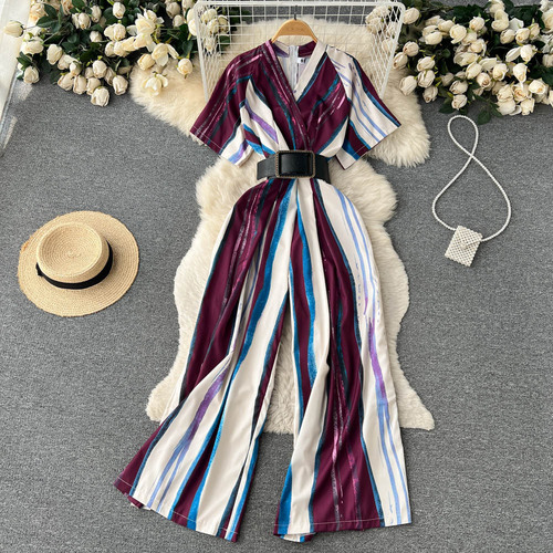 Autumn new high-waisted color-blocked striped jumpsuit for women, fashionable slim fit, OL temperament wide-legged jumpsuit for women