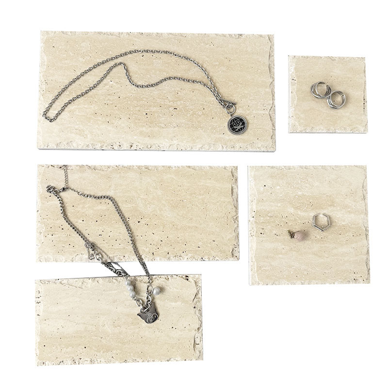 Estilo antiguo amarillo travertino irregular encaje plano hotel joyería de baño bandeja de almacenamiento pendientes exhibición de joyas