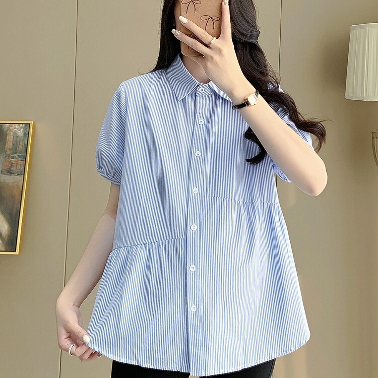 Maternity Shirt Summer New Short-Sleeved Striped Top Large Size Loose Business Wear Fashionable Lapel Work Shirt