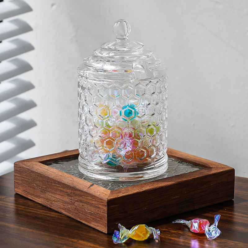 欧式简约蜂窝玻璃糖果罐摆件透明带盖储物罐水果碗糖缸桌面装饰