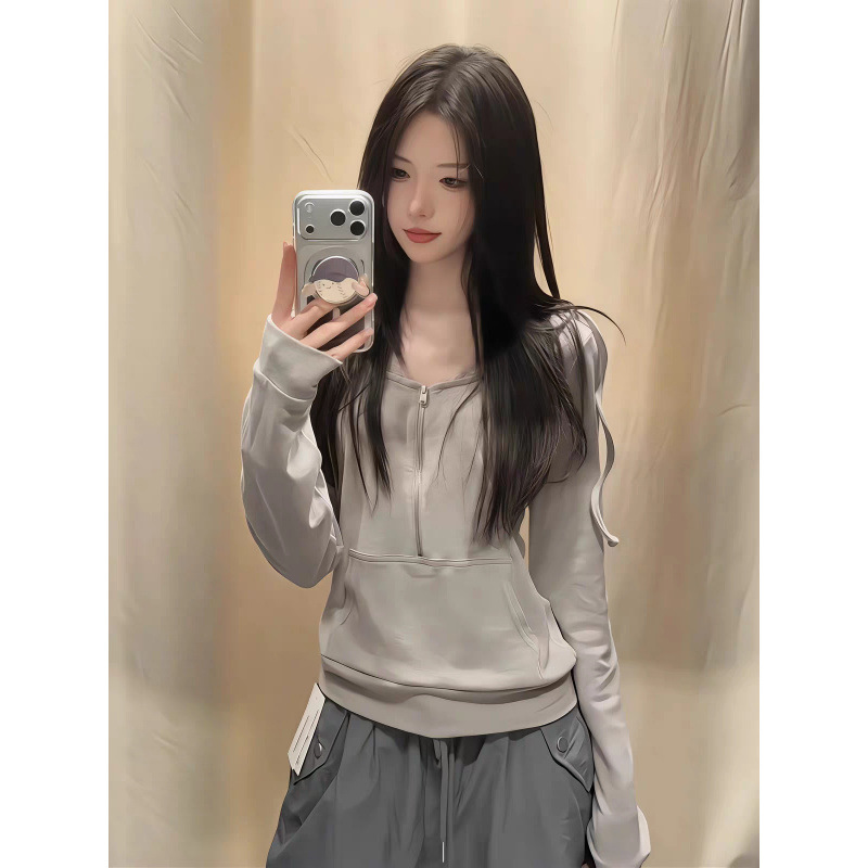 BM style hooded faux two-piece zip-up hoodie for women, new autumn lace splicing slim-fit long-sleeve t-shirt top BM style hooded faux two-piece zip-up hoodie for women, new autumn lace splicing slim-fit long-sleeve t-shirt top