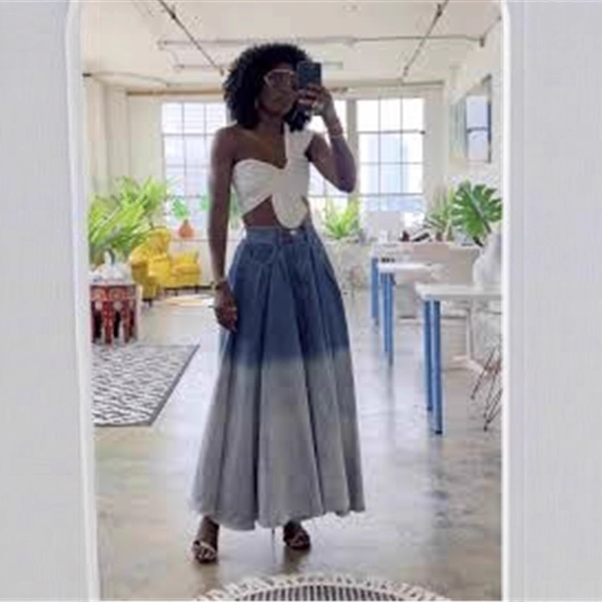 Women's Clothing Women's High Waist Midi Skirt Denim Washed Solid Color Style Drawstring Gradient Long Fashion Skirt_voghion.com