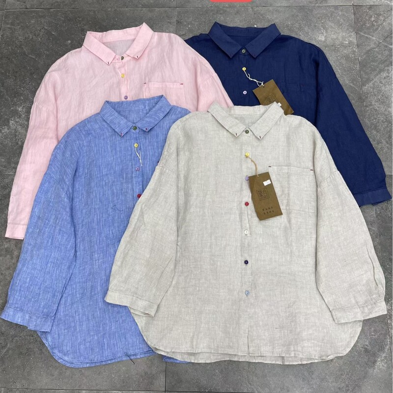 2025 Autumn New Pure Linen Loose Casual Cardigan Shirt with Colorful Buttons