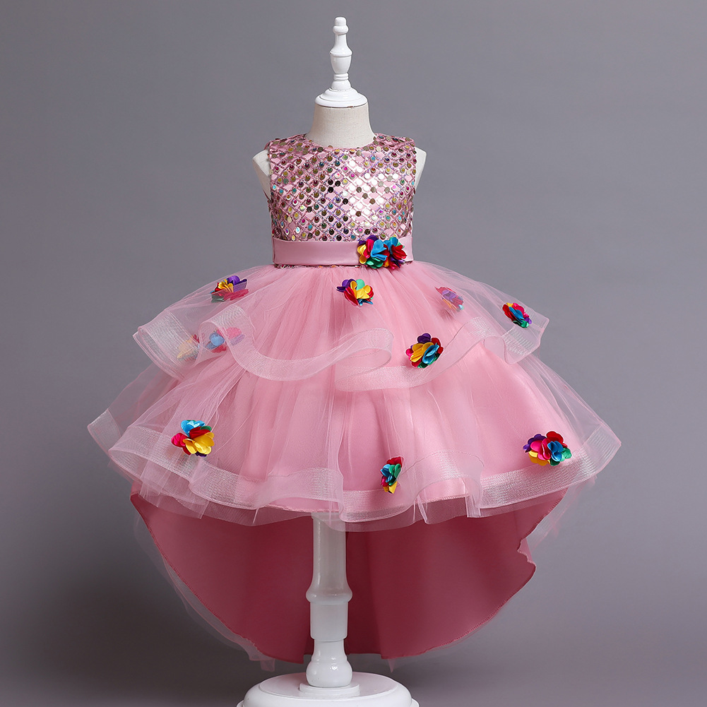 2022 europeos y americanos nuevos niños princesa vestido niñas malla flor chaleco trailing vestido piano rendimiento ropa