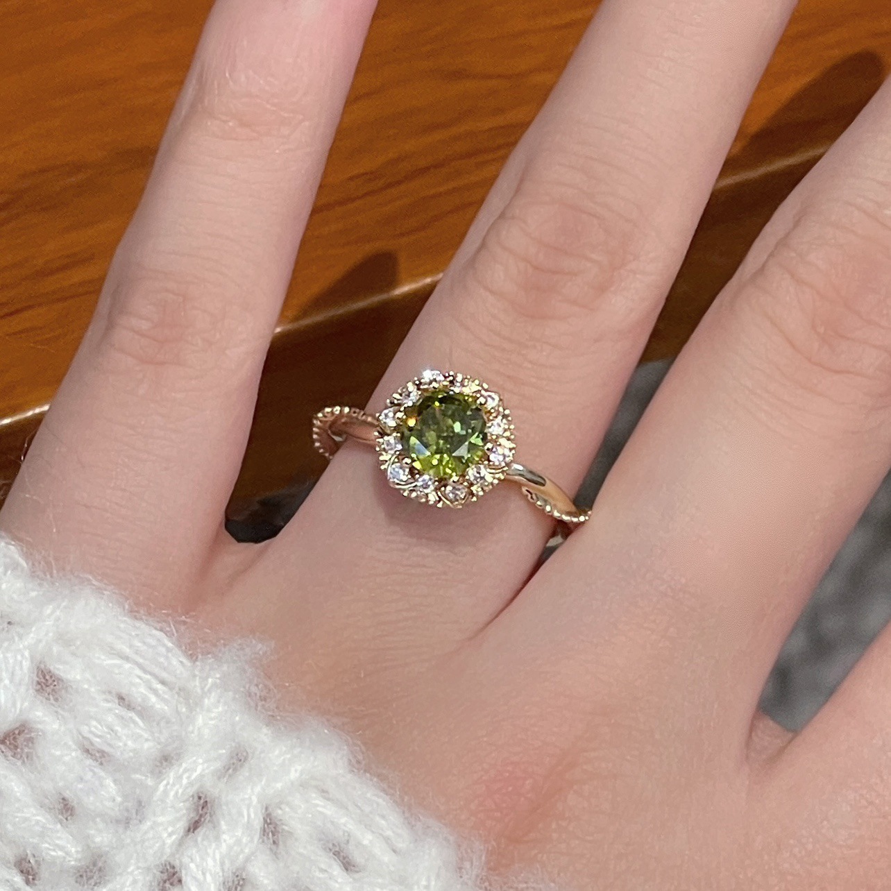 Olive green round diamond ring