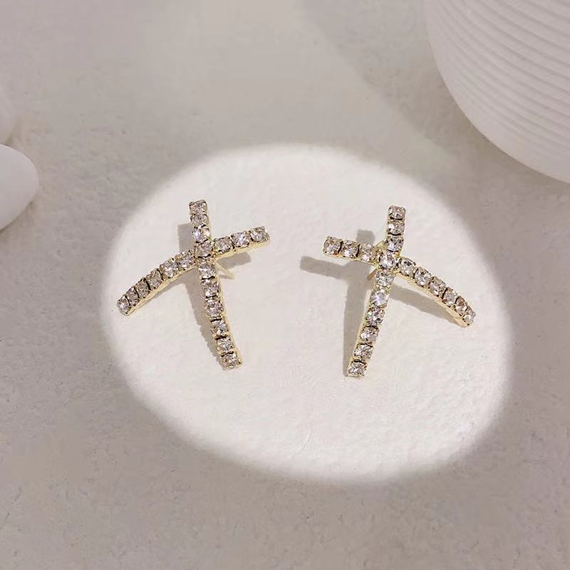 S925 silver needle earrings X-shaped dia...