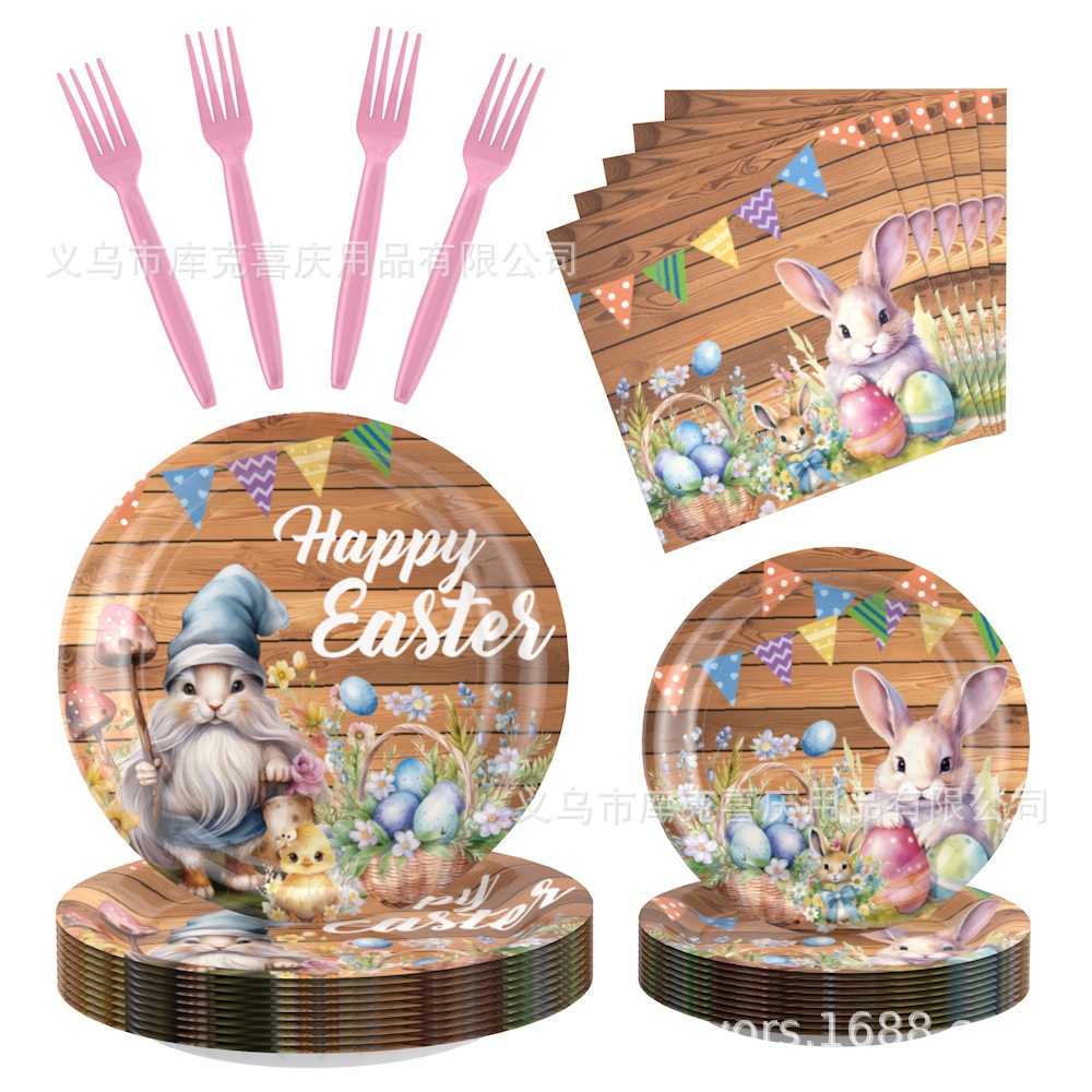 Conjunto de cubiertos de fiesta de Pascua de madera oscura transfronteriza huevo de conejo tema bandeja de papel desechable taza toallas de papel