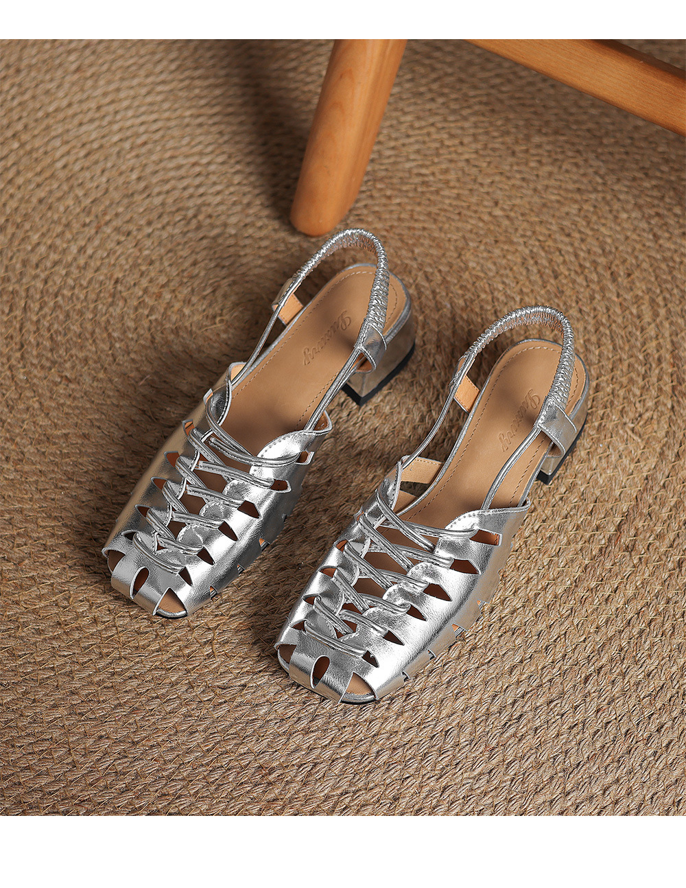 Dép sandal nữ da cừu bện mũi kiểu Pháp, gót thấp, quai chữ V đa năng — đen chi tiết 21