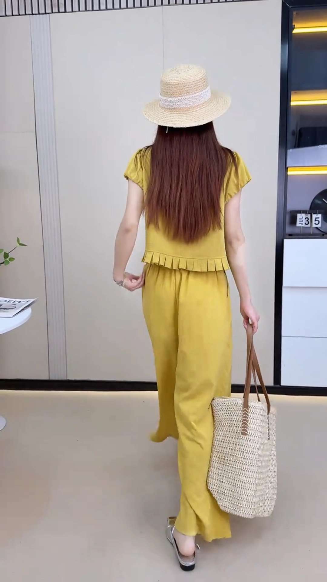 Bộ quần áo nữ mùa hè gồm áo ngắn thiết kế kiểu tây và quần ống rộng hai mảnh A5216 — Màu xanh lam đậm chi tiết 5