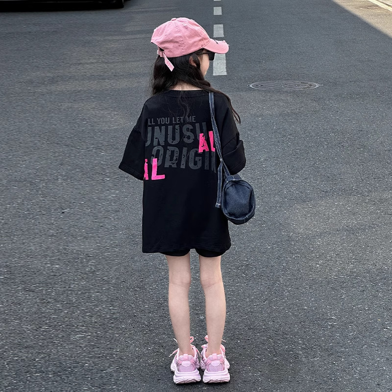 女の子半袖Tシャツ2025夏新スタイル綿100%中大型子供用おしゃれ子供用万能ラウンドネックトップトレンディ|undefined