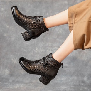 2025 Ethnic Style Hole-In-The-Wall Boots for Women Spring and Summer First-Layer Cowhide Medium Thick Heel Mom Sandals for Outer Wear Cut Out Short Boots for Women