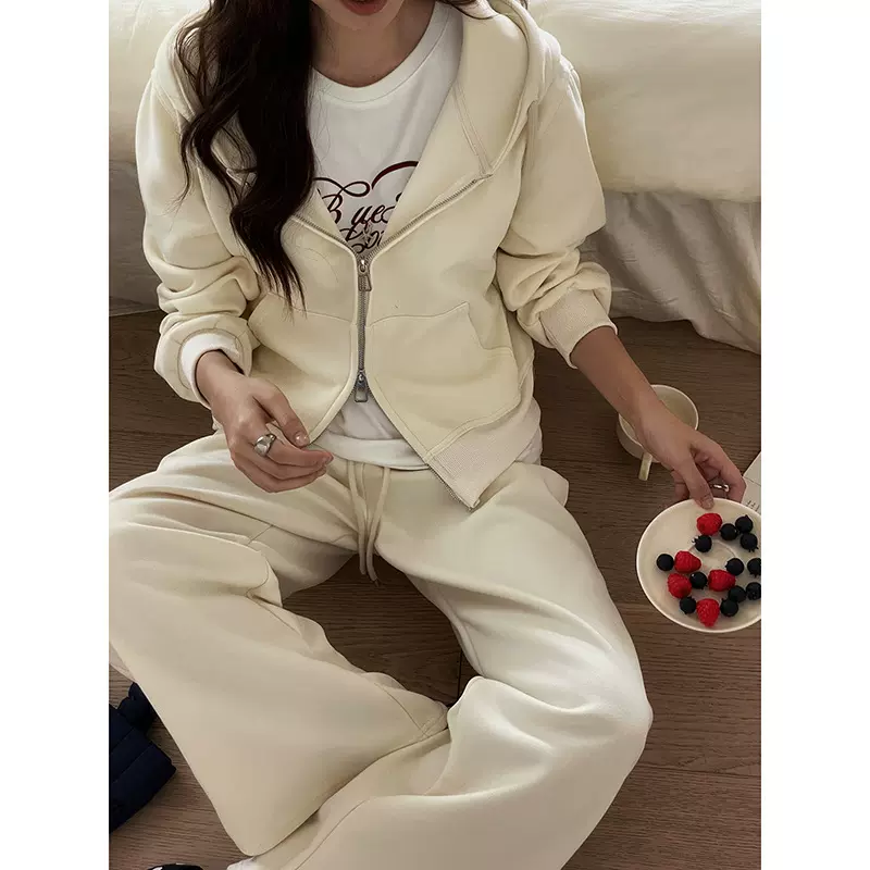 【舒适至上 套装】歌铭纯色连帽卫衣+休闲长裤女秋季两件套W535C