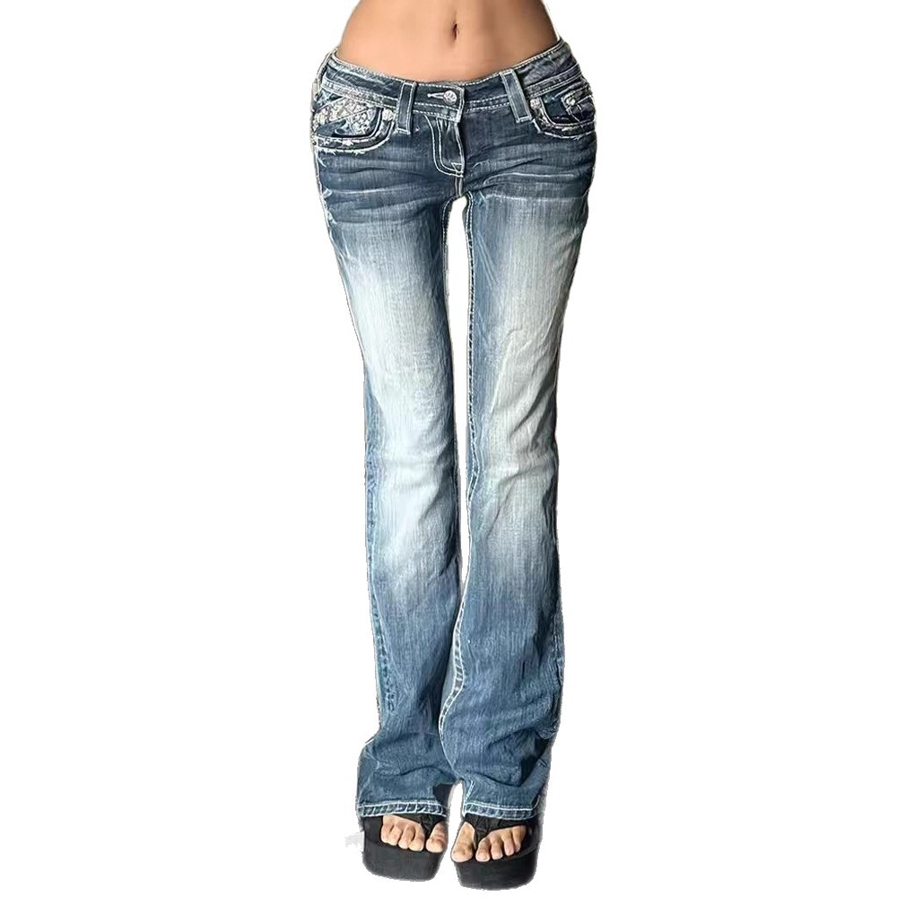 Women's plus Size Low Rise Distressed Washed Jeans Y2K Millennial Style Slim Fit Floor Length Casual Denim Pants_voghion.com
