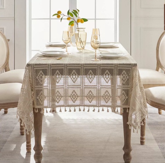 Imitation crochet square. off-white. small broom tassel