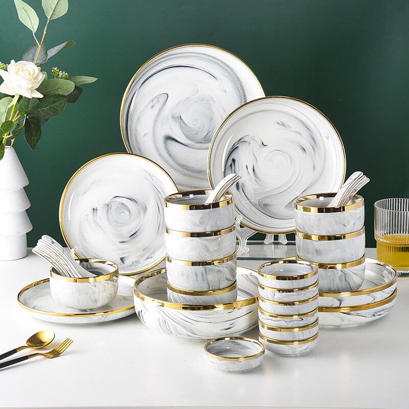 Cross-Border Nordic Marble Ceramic Tableware Set Hotel Home Bowls and Plates Combination Set Amazon Tableware