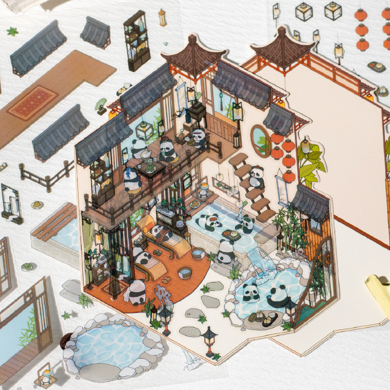 暮光造景贴纸 国风熊猫立体屋系列 国风熊猫主题手账diy素材贴纸