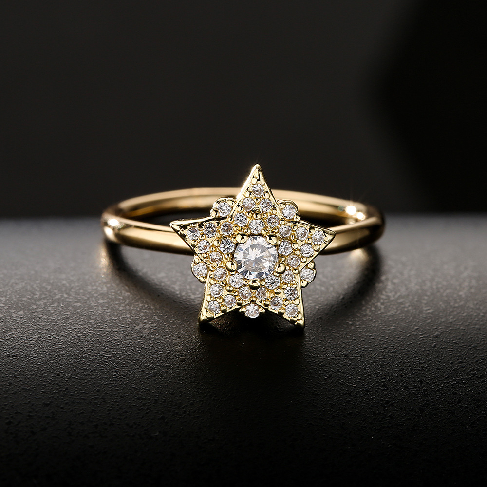 fashion copper-plated 18K gold zircon crown five-pointed star rotatable open ring