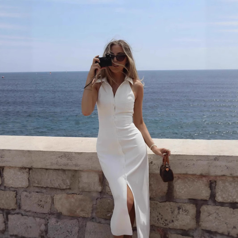 2025 Summer European and American Cross-Border Foreign Trade Women's New Style Temperament Lapel Cardigan Sexy Slim Pure Color Dress