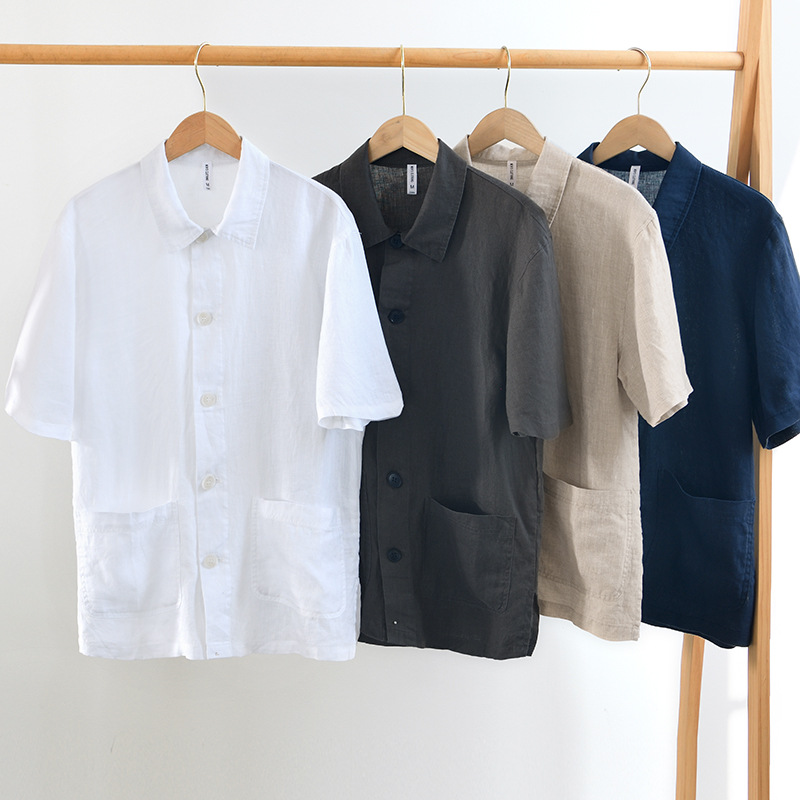 L984 artistic youth personalized pocket loose shirt Japanese solid color linen short sleeve shirt men's one-piece delivery