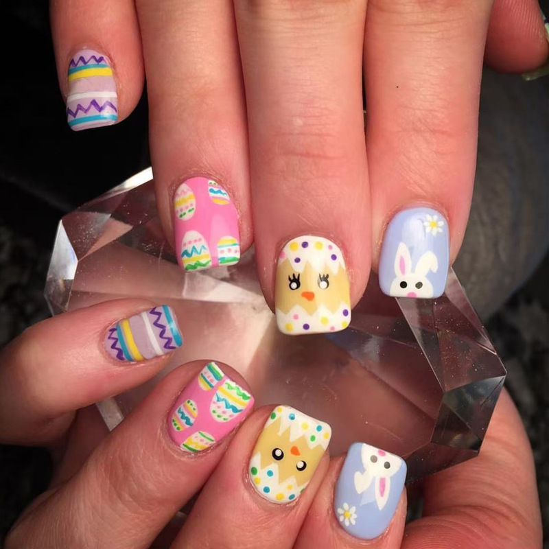 Easter Colorful Eggshell Cute Chick Rabbit Flower Design Spring and Summer Short Square Nail Art Press-On Nails