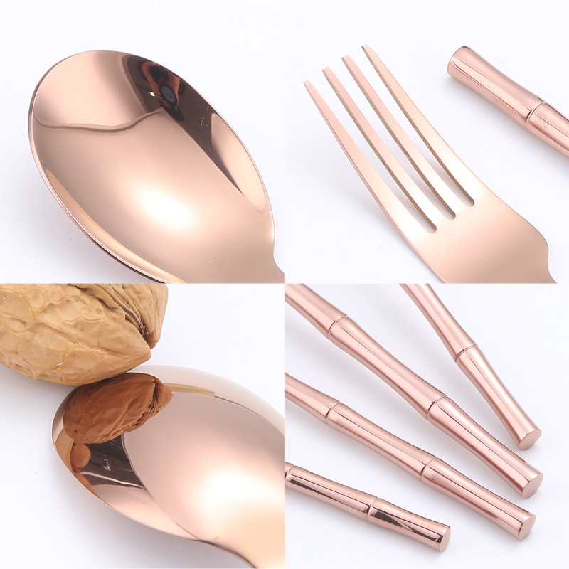 Procesamiento de muestras personalizado 304 cubiertos de acero inoxidable mango de nodo de bambú cinco piezas principales cuchillo de filete de comida occidental tenedor cuchara fija LOGO