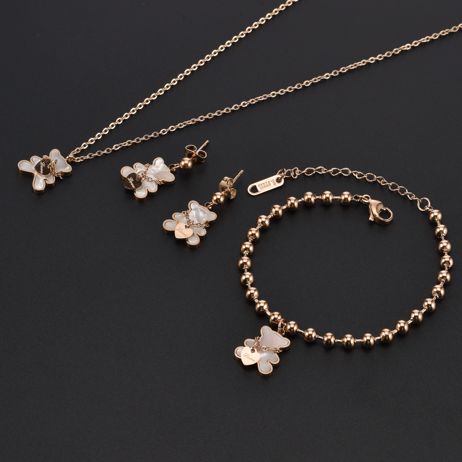 Necklace and bracelet stainless steel, chain, cute set, jewelry heart-shaped, wholesale, with little bears