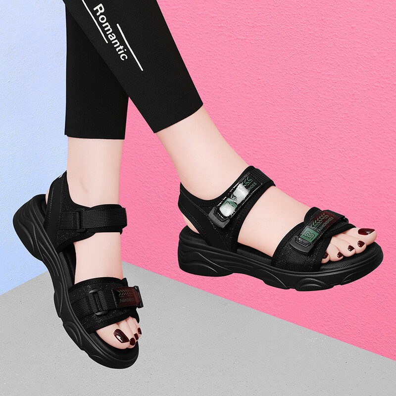 Giày sandal thể thao da thật đế dày nữ gót 4cm quai chữ V khóa dán — JST 1609 cao gót xanh đen 4cm, Đen trắng 2001 LJ, JST 1611 cao gót xanh đen 4cm, 2206 ML màu đen