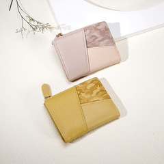 新款彩色拼接pu零錢包短款 時尚多卡位拉鏈錢夾 跨境短款錢包女士