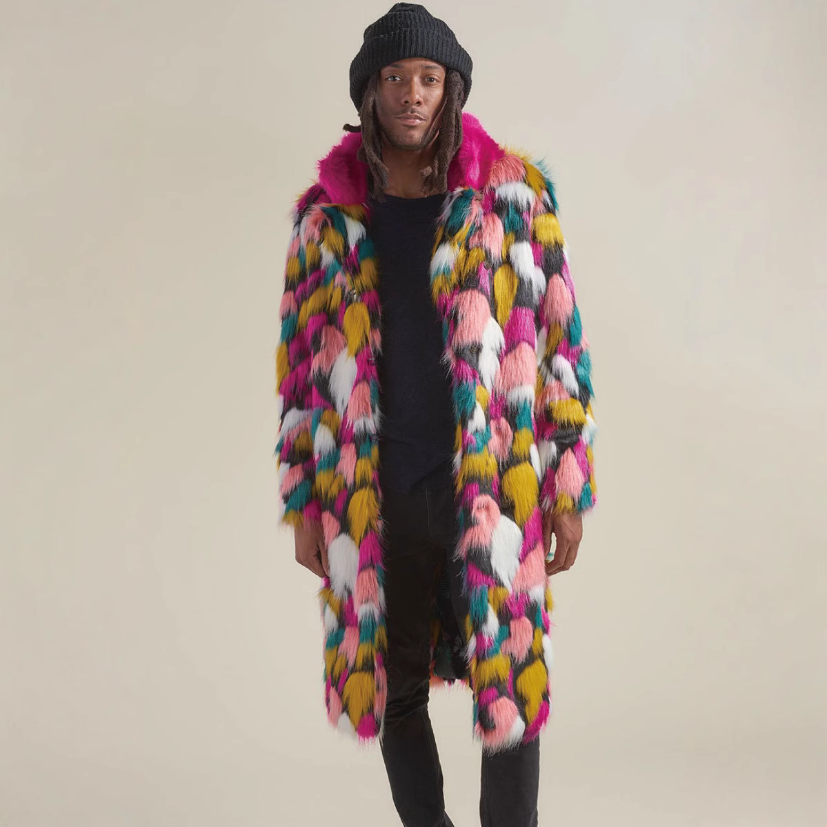 亚马逊爆款仿皮草外套男装七彩毛领中长款大衣欧美外贸狐狸毛大衣