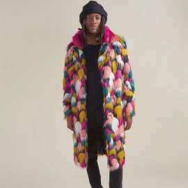 亚马逊爆款仿皮草外套男装七彩毛领中长款大衣欧美外贸狐狸毛大衣