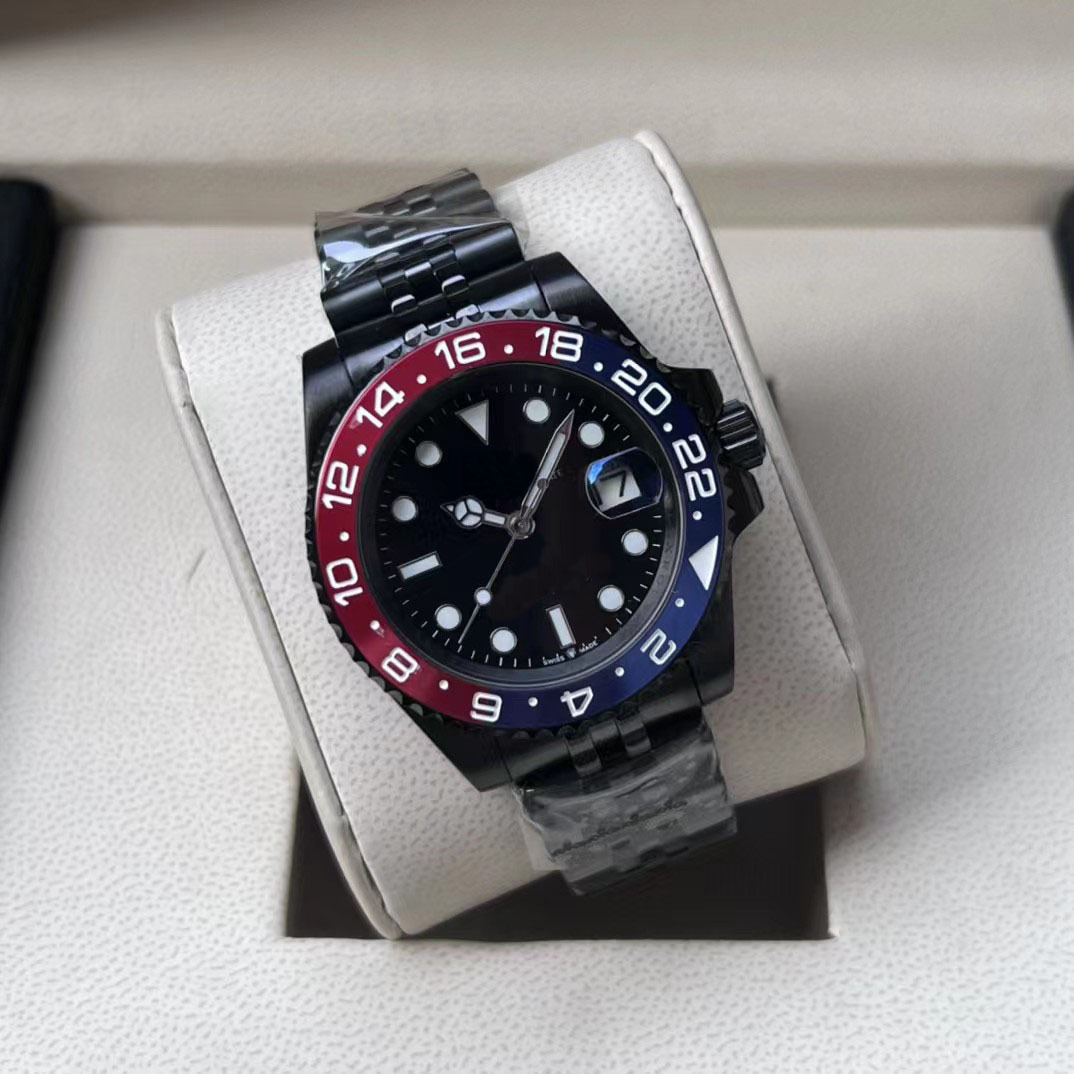 Five-bead black strap with red and blue rings