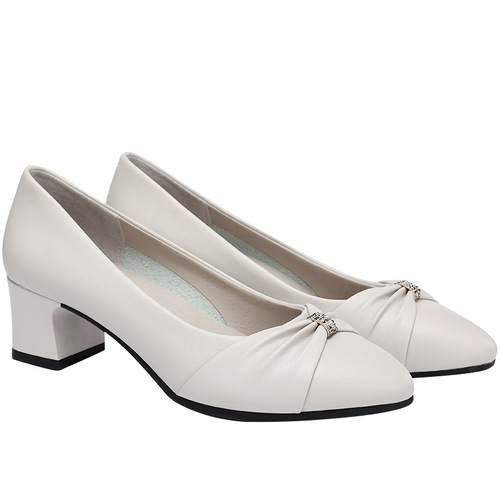 Mum's Shoes Spring and Autumn Soft Leather Slip-on Shoes with Soft Sole, Round Toe, Women's Medium Heel, Thick Sole Duck Shoes with Wide Mouth, Classic Single Shoes