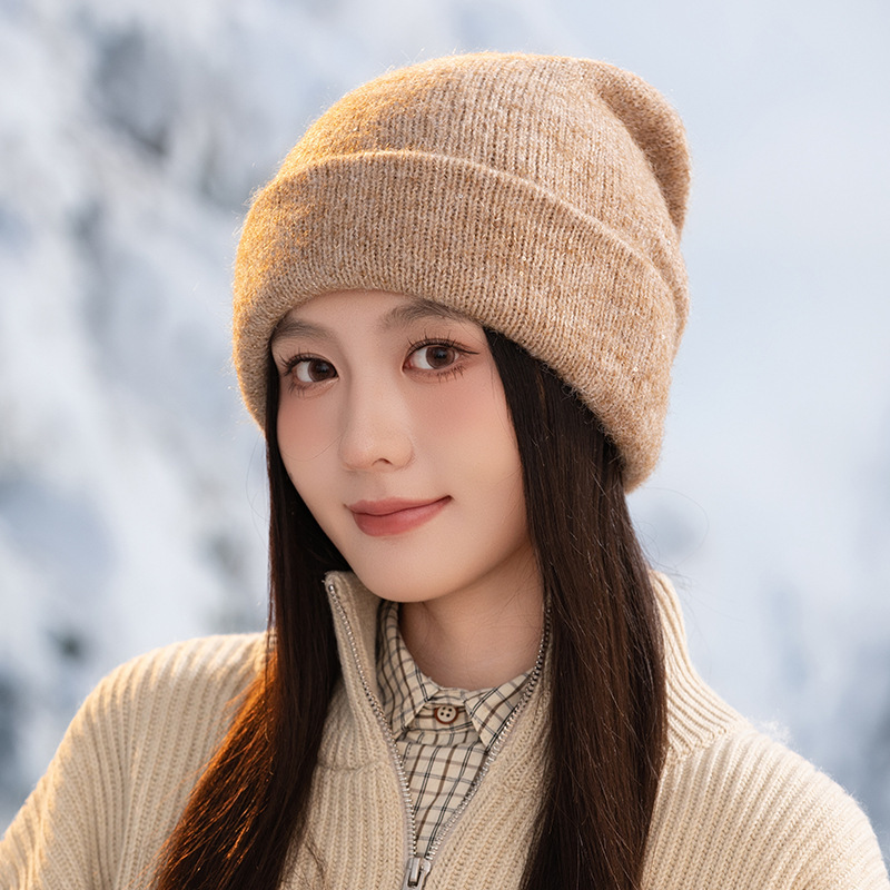 帽子女款秋冬亮片保暖毛线帽韩版户外休闲防风护耳帽显脸小堆堆帽|undefined