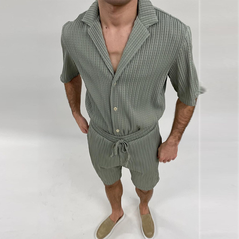 Verano casual suelta camisa de manga corta pantalones cortos de moda a rayas traje de ropa de hombre traje de dos piezas de los hombres traje deportivo de los hombres
