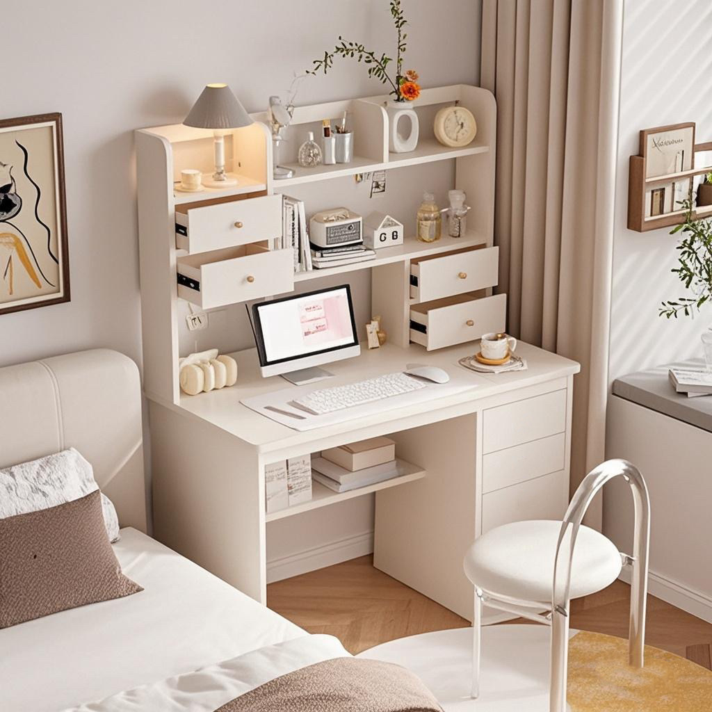 Solid Wood Desk Cream Style Reading Table Bedroom Balcony Table Children's Study Table Bookshelf Integrated Student Computer Table