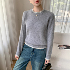 2025秋冬新款温柔软糯拼色山羊绒女加厚保暖毛衣圆领套头羊毛针织