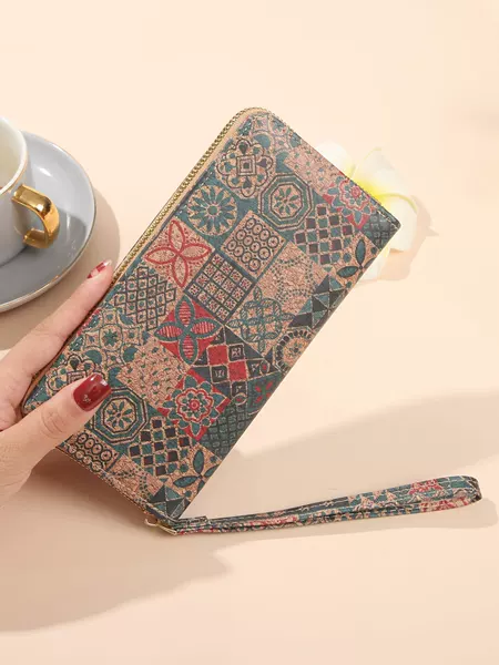 Cross-border Bohemian Multi-functional Clutch Bag Multi-card Wood Grain Wallet Artistic Women's Bag Card Bag Pu